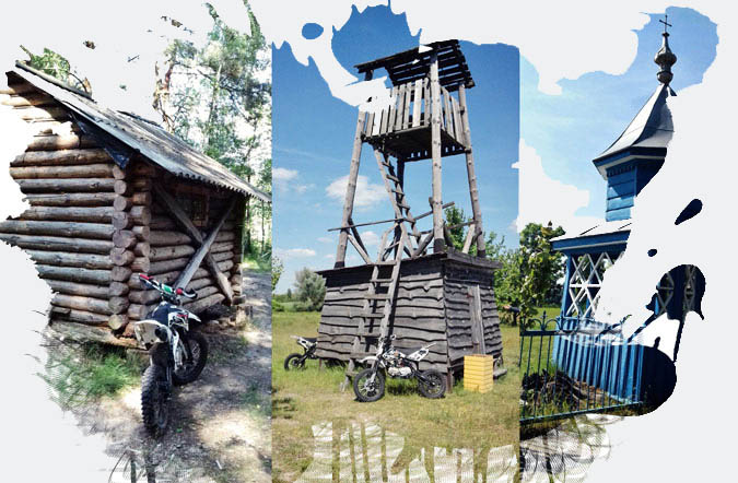 Колаж фотографій з екскурсій на пітбайках. На фото декілька пітбайків, стара, дерев'яна башня.